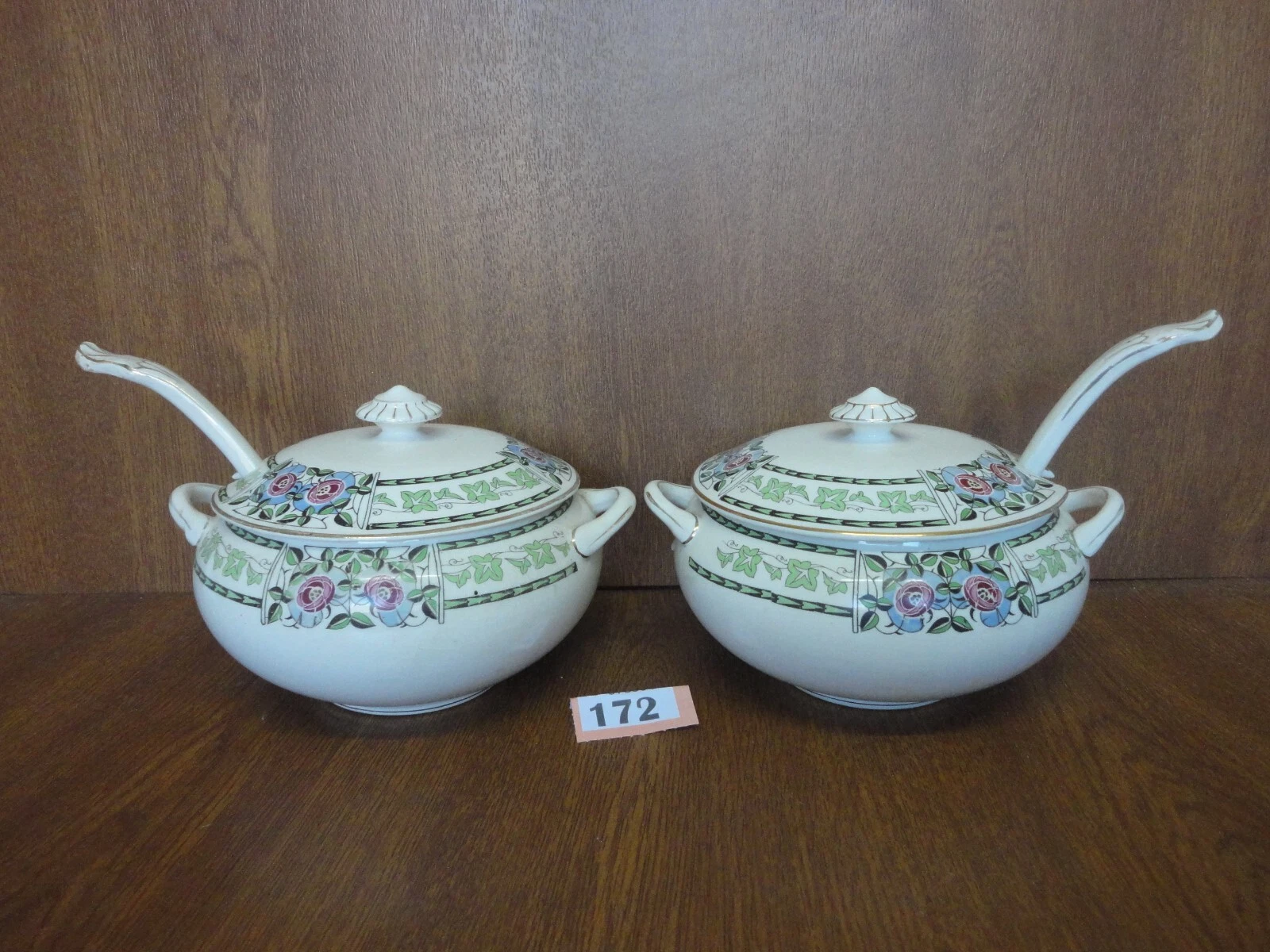 Vintage Pair of Sauce Tureens & Matching Ladles - Flowers & Leaves
