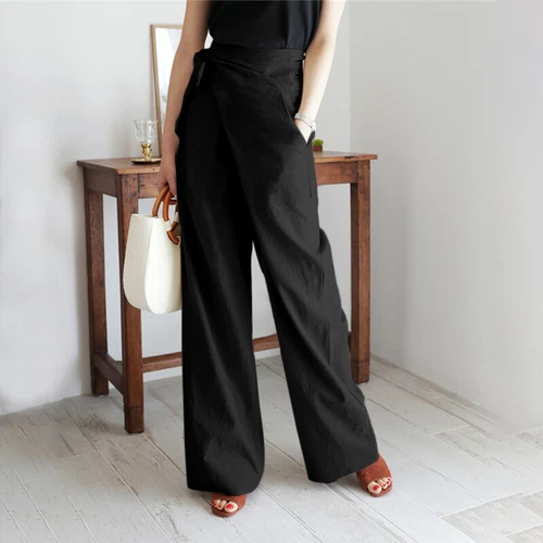 Damen High Waist Wickelhose Lange Hose Freizeit Locker Weites Bein Damen Palazzo - Bild 3 von 23