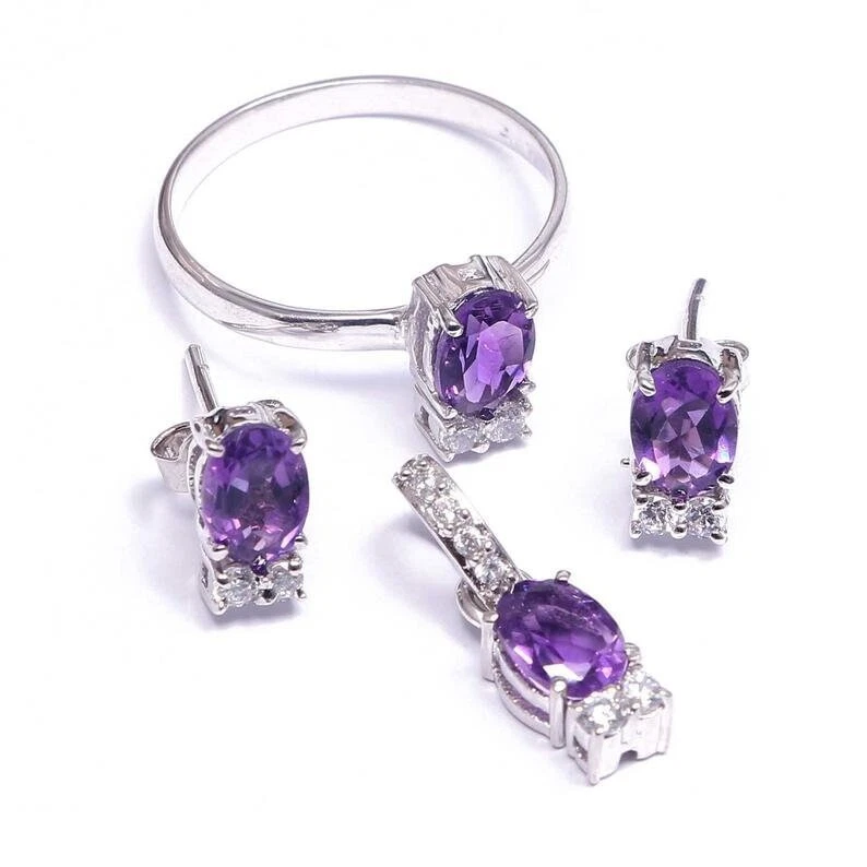 18" Chain Free Ring Pendant Earrings Sets Jewelry for Wife Lab Created Amethyst - Image 3 of 4