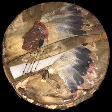 Antique 1870s Native American Indian Animal Hide Powwow Drum Primitive Artifact