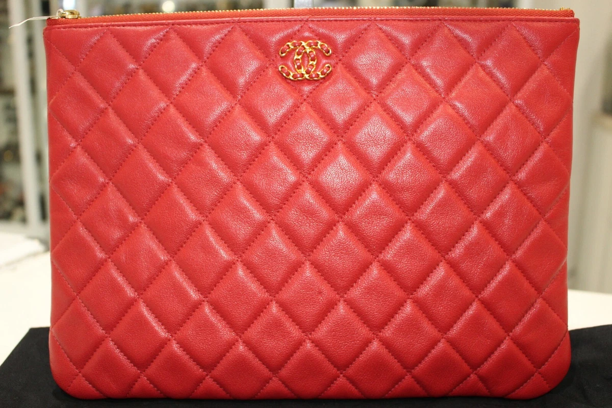 CHANEL Red Sheepskin Leather Classic Pouch Clutch-Excellent Condition  &Authentic