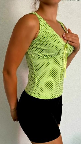 Sexy Miss Women V Neck Girly Dots Top Ruffle Lace Straps Bow XS/S Green - Picture 5 of 8