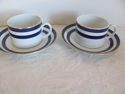 RALPH LAUREN Spectator Cadet-Blue Bands/Gold Trim- 2 Cups & 2 Saucers
