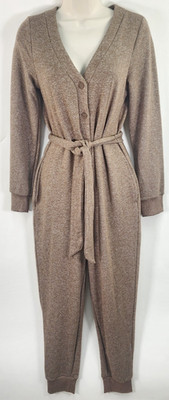 Gap V Neck Jumpsuit Women's XSP Brown Tie Belted Waist Soft Knit Button Front