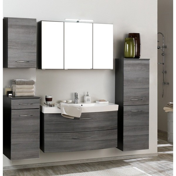 Komplett BadmöBel Set Eiche 100Cm Waschtisch Led Spiegelschrank BadezimmermöBel-image