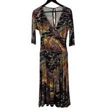Laura Max Women's Maxi Dress L Multicolor Paisley Print V-Neck Ruched Waist USA