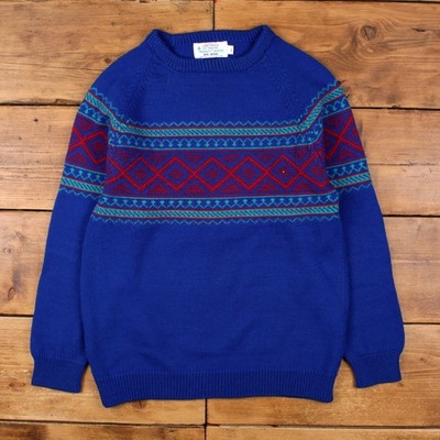 Vintage Moriarty Wollpullover Pullover XL Damen 80er Fair Isle blau Strick