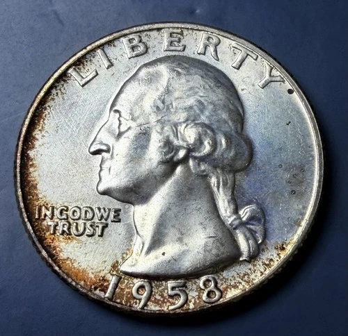 1958-D Washington Quarter 90% Silver Lightly Toned Uncirculated Gem
