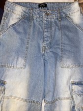 BOOHOO MAN Jeans Size 30 Distressed Cargo Denim Wide Leg Multi Pockets Blue