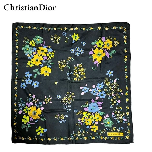 Grande écharpe Christian Dior motif fleurs noir multicolore élégant unisexe
