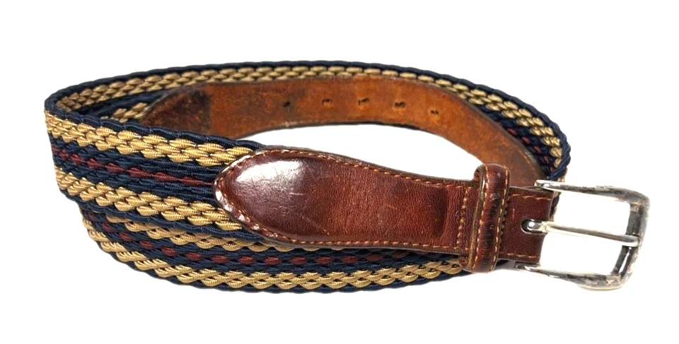 Brighton Stretch Nylon Woven Belt Braided Blue Red Pattern Leather Brass Sz 36 - Image 2 of 4