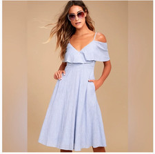 Lulus Blue Striped Cold Shoulder Ruffle Rayon Midi Dress in Periwinkle & White M