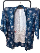 Vintage Silk Haori Kimono Cardigan Jacket Floral Blue Retro