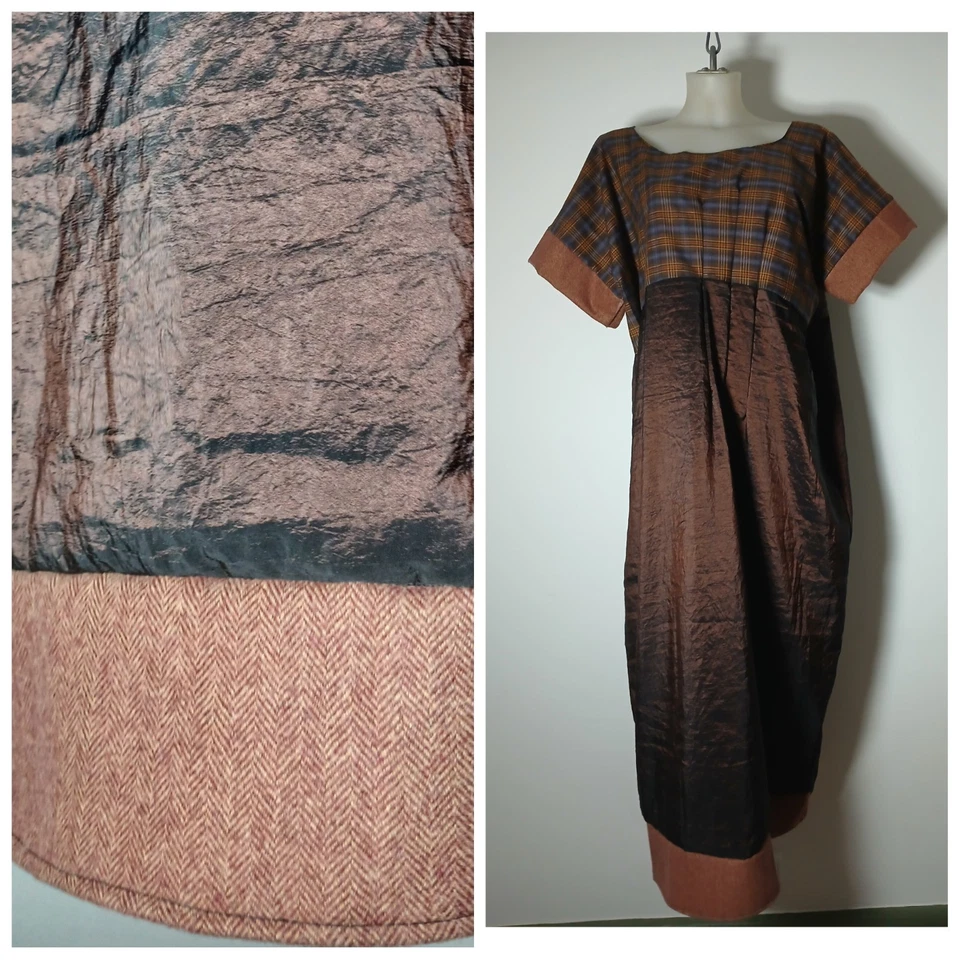 NEW Unique Handmade A-Line Dress Japanese Taffeta & Tweed Fabric Midi DRESS - Image 2 of 4