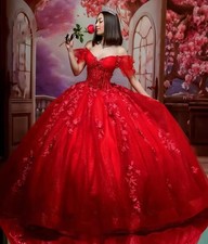 Red Princess Quinceanera Dresses Shiny Lace Flowers Applique Ball Gowns Sweet 16