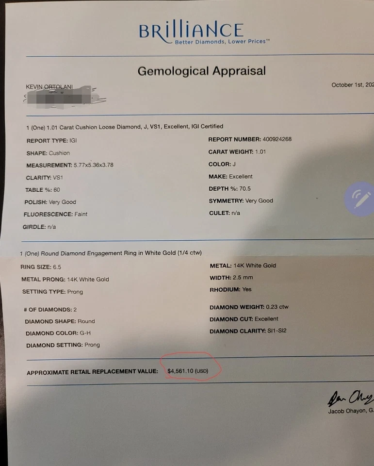 Anillo de compromiso cojín de diamantes de oro blanco de 14 k 1,01 C Foto 4 de 4