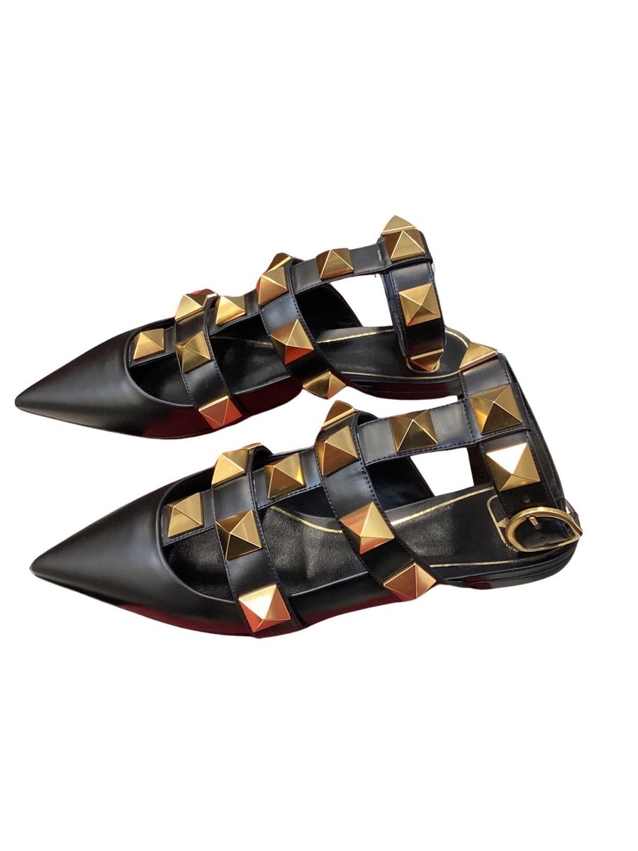 Valentino Black and Gold Roman Stud Leather Ankle Strap Flat