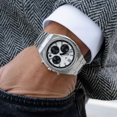 Montre Zinvo Rival Chrono Panda Quartz - Boîtier Acier Noir, Bracelet Acier, Chronographe, étanche 50m
