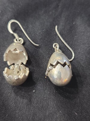 Vintage Sterling Silver Hatching Chick Bird Egg Earrings 925 8.4g 3/4''