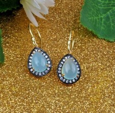 Gold Plated Dangle Earrings With Blue Chalcedony Gemstone Zircon Hook Earrings