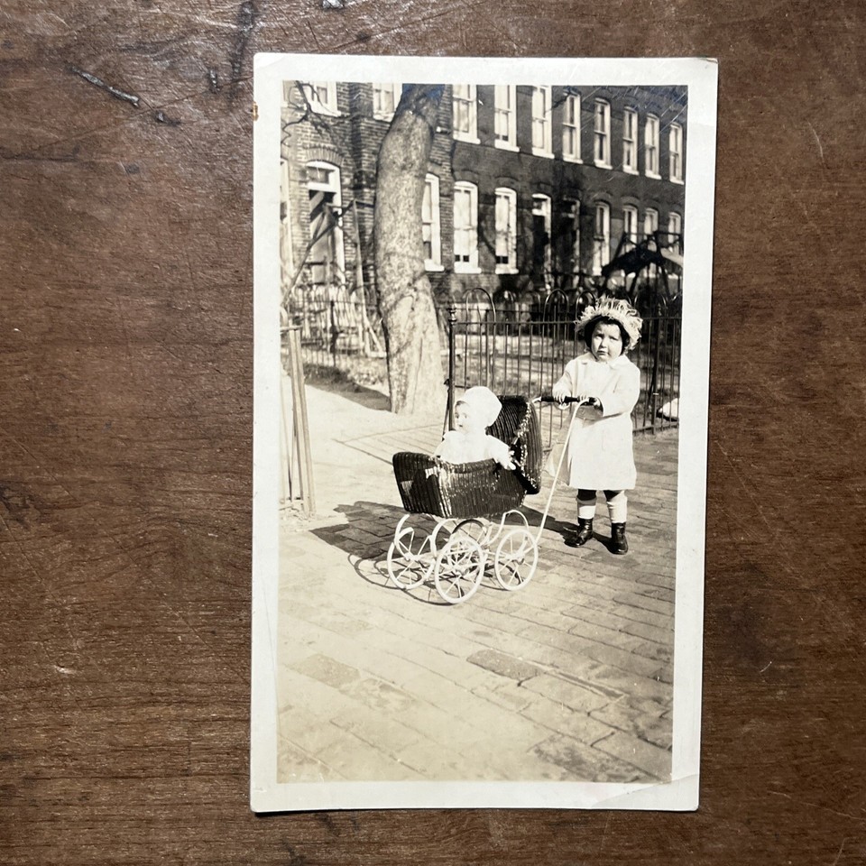 Antique Photograph Little Girl & Her Baby Doll Wicker Stroller Circa