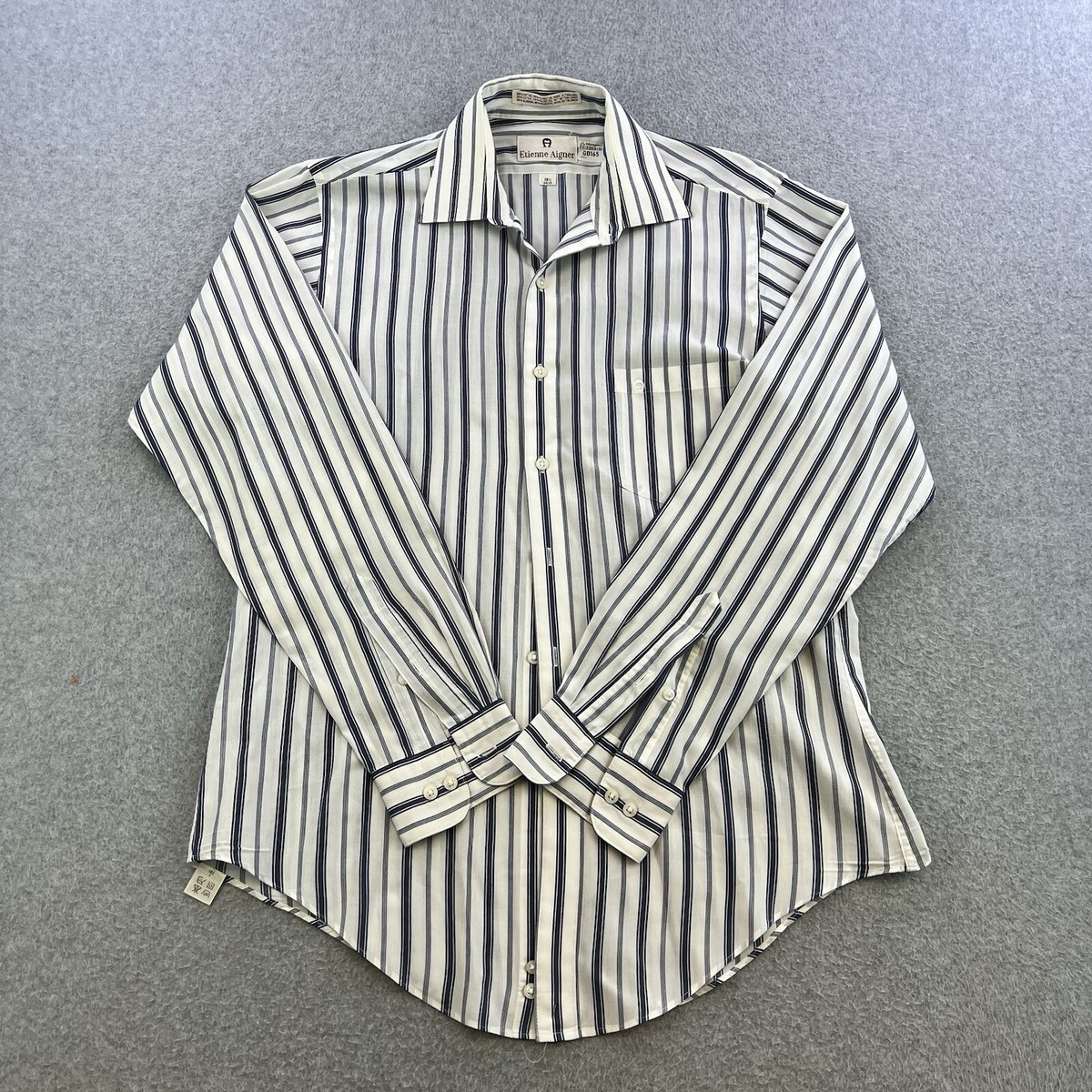Etienne Aigner Dress Shirt Mens 15.5 White Blue Stripe Long Sleeve Button Up