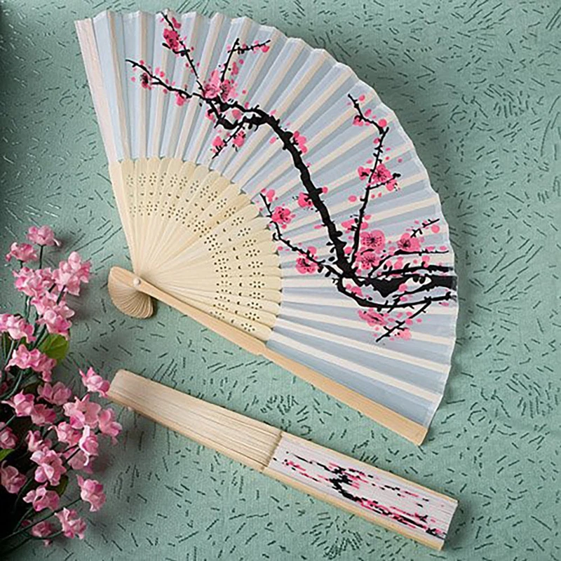 Chinese Folding Hand Fan Japanese Cherry Blossom Design Silk Costume Party go