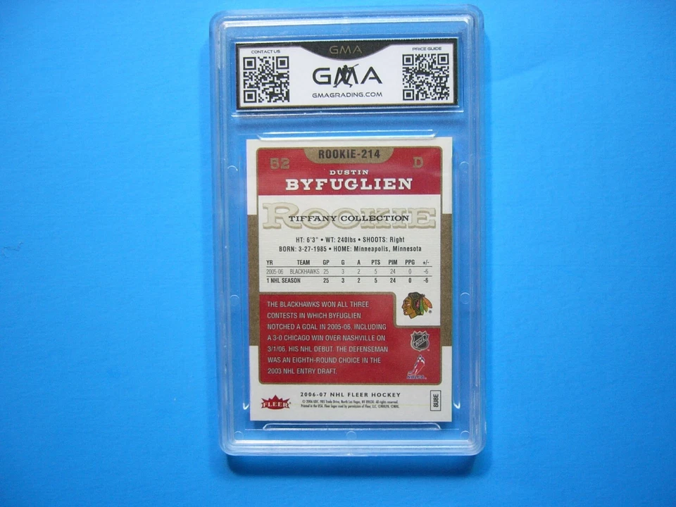 2006/07 FLEER TIFFANY NHL HOCKEY CARD #214 DUSTIN BYFUGLIEN ROOKIE GMA 10 GEM MT - Image 2 of 2