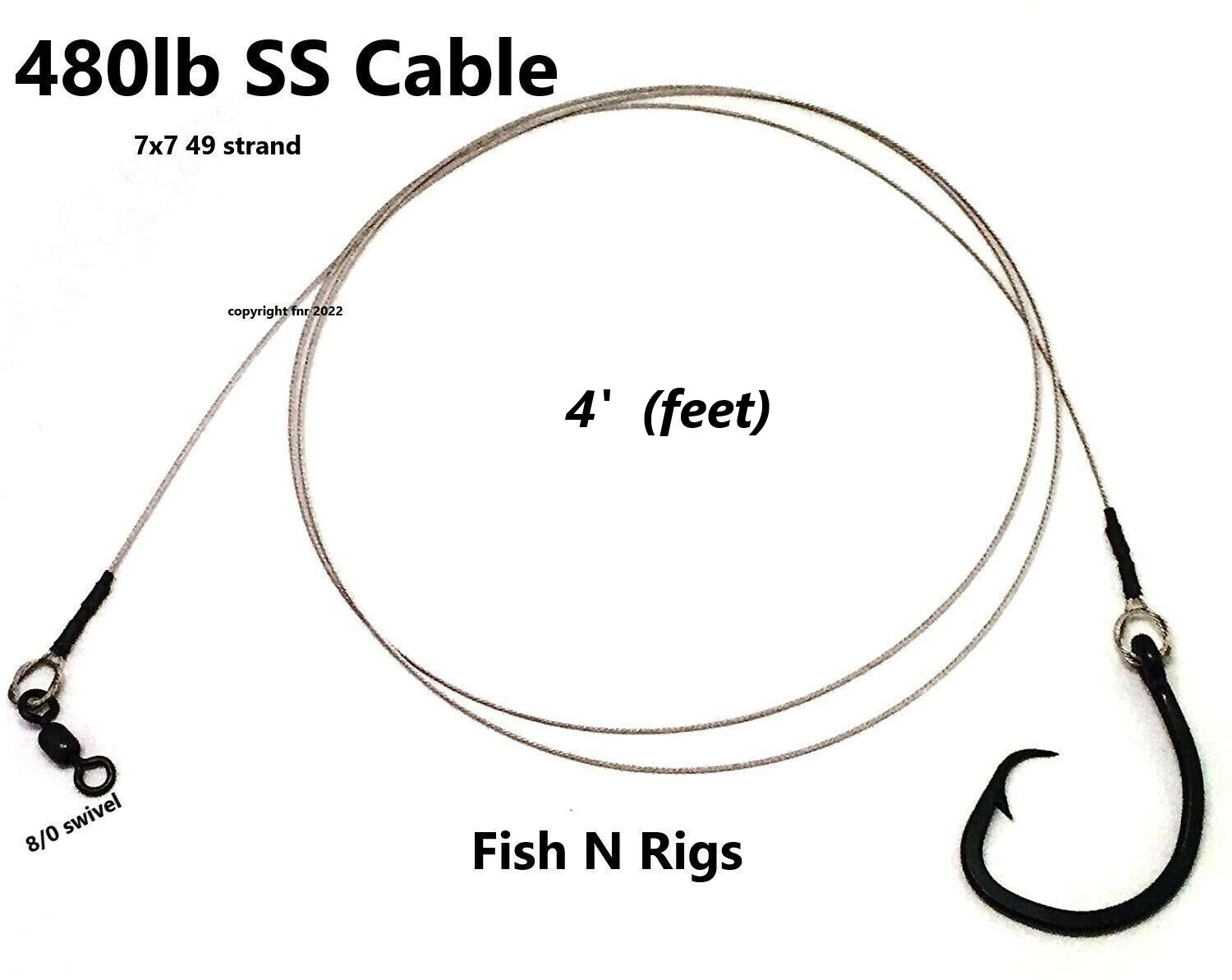 4' Castable Shark Fishing Leader Rig ~ Mustad 12/0 Circle Hook 480lb Cable  🦈