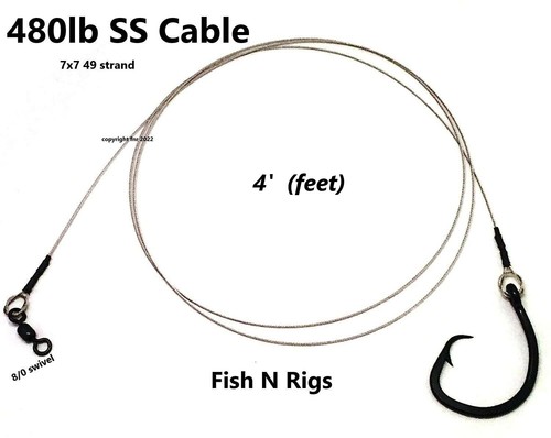 4' Castable Shark Fishing Leader Rig Mustad 12/0 x 4X Circle Hook 480lb Cable - Bild 1 von 8
