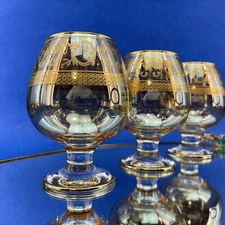 Interglass Elegant Scroll 24 kt Gold Brandy Cognac Sniffers Glass 5” Set/3 Italy