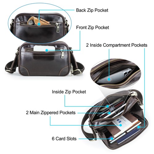 Leather Messenger Shoulder Bag Crossbody Travel Work With Card Slots Waterproof - Picture 6 of 8