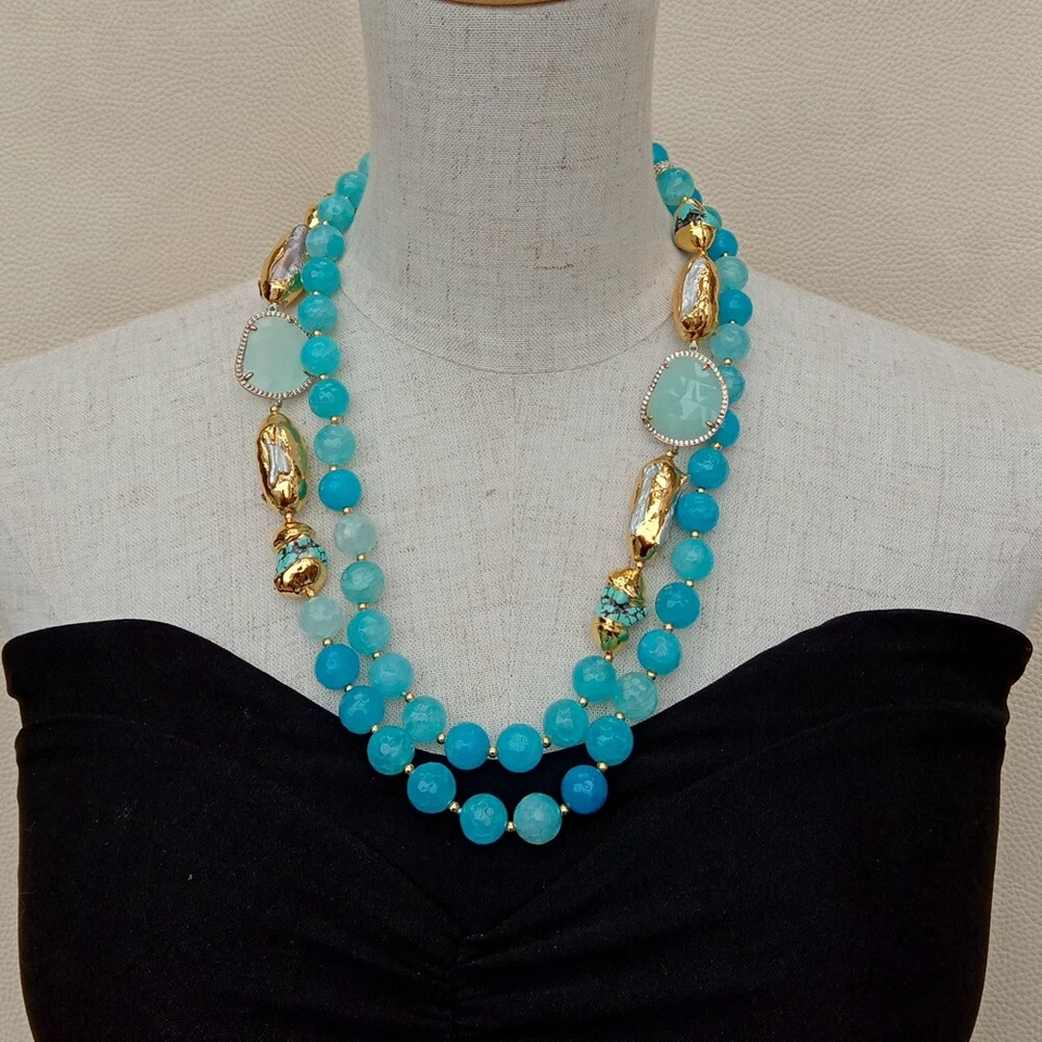 Faceted Agate Turquoise White Biwa Pearl Crystal Necklace Fashion Women Jewelry - Image 2 of 4