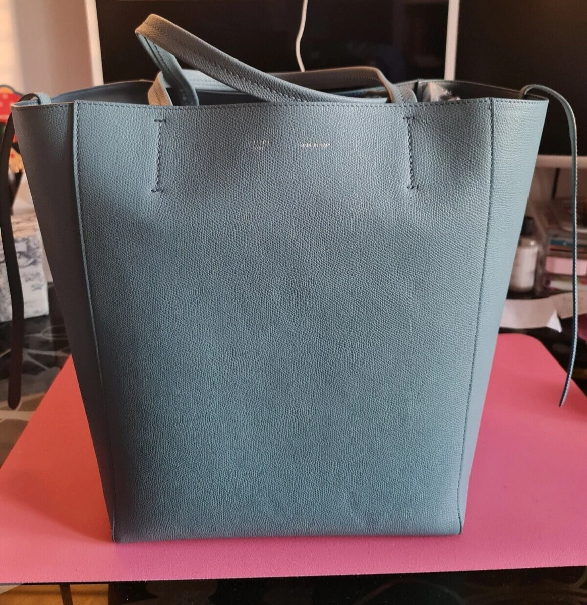 Celine Phantom Cabas Tote in Blue Grained Calf Leather.