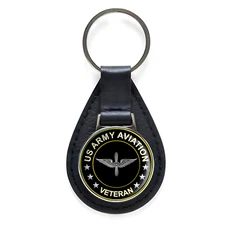 US Army Aviation Veteran Black Leather Keychain Silver Keyring Military Gift