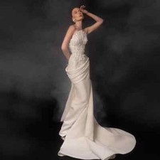 Elegant Strapless Lace White Mermaid Evening Gown with Draped Train Party Dress