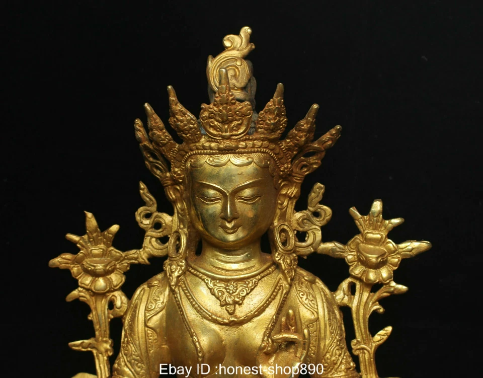 Antigua estatua de diosa Tara Mahayana verde asiento dorado budismo chino tibetano Foto 2 de 4
