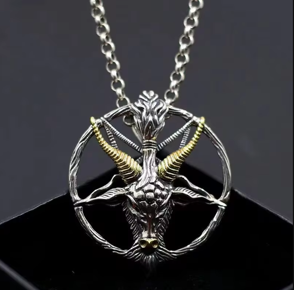 Halskette Baphomet Ziege Teufel Pentagramm Ziegenbock AnhäNger Edelstahl Silber-image