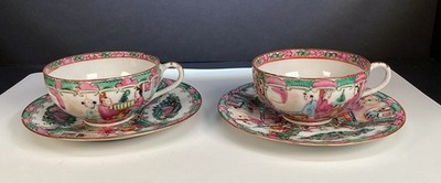 Pair of Chinese Famille rose tea cups and saucers porcelain hand-painted