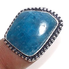 Blue Apatite 925 Silver Plated Gemstone Handmade Ring US 3.5 Ethnic Gift MJ