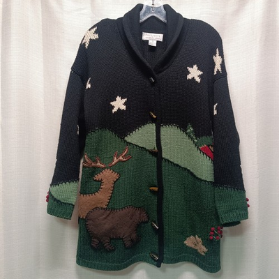 #ad Vtg Portraits by Northern Isle Womens M Cardigan Horn Button Animal Embroidered $44.95
