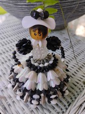 Safety Pin  Bead Handmade Vintage Girl Doll Dress, Hat 6  Black  Clear Beads