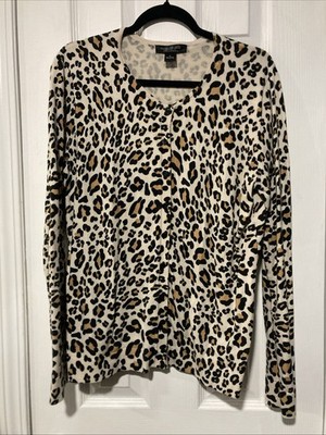 August Silk Brown Animal Print Crew Neck Button-Up Knit Sweater Top   Women s XL