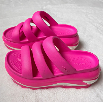 Crocs Mega Crush Hot Pink/White Platform Chunky Sandals 3 Straps Women s US 6