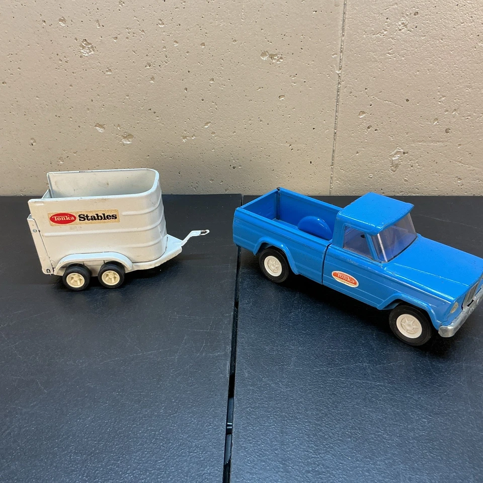 "Camioneta pick-up Jeep Tonka azul vintage años 60 9"" acero prensado + remolque" Foto 3 de 4