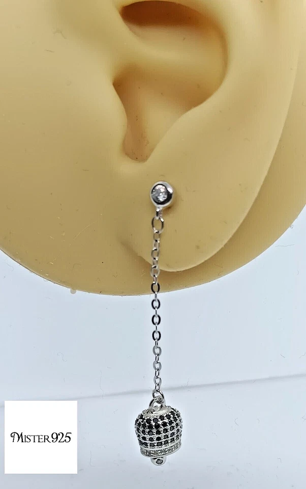 Orecchini argento 925 pendenti donna campanella di capri con zirconi neri - Immagine 2 di 4