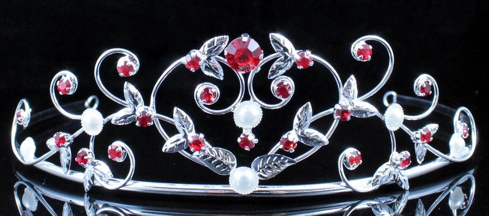 TIARA CRISTAL DIAMANTES DE IMITACIÓN AUSTRIACOS ROJO PERLA CORONA DE PELO BODA NUPCIAL T1535RED Foto 2 de 4
