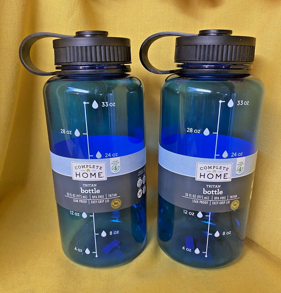 Tritan Water Bottle 33oz (975ml), Complete Home, Wide Mouth, Blue Lot of