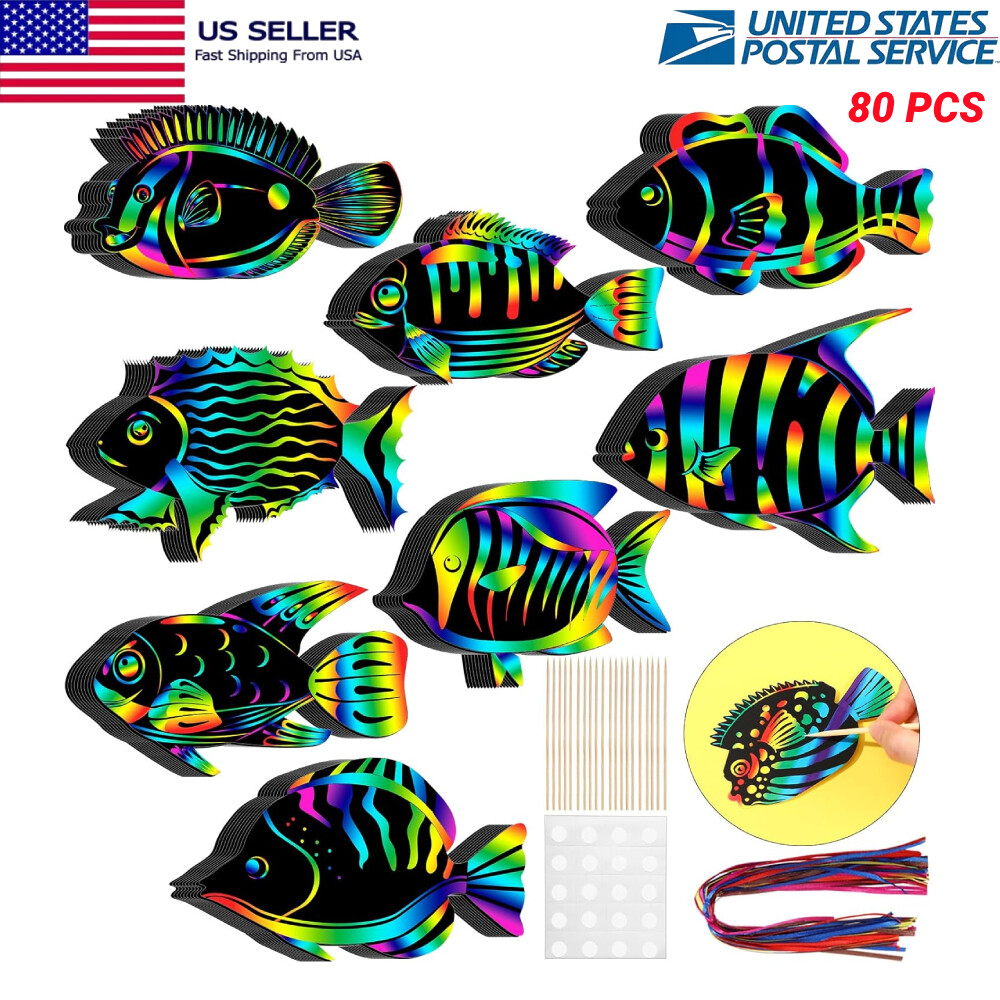 80 PCS Rainbow Scratch Art Paper Book for Kids and Adults, Fish Stencil 🌈🌈