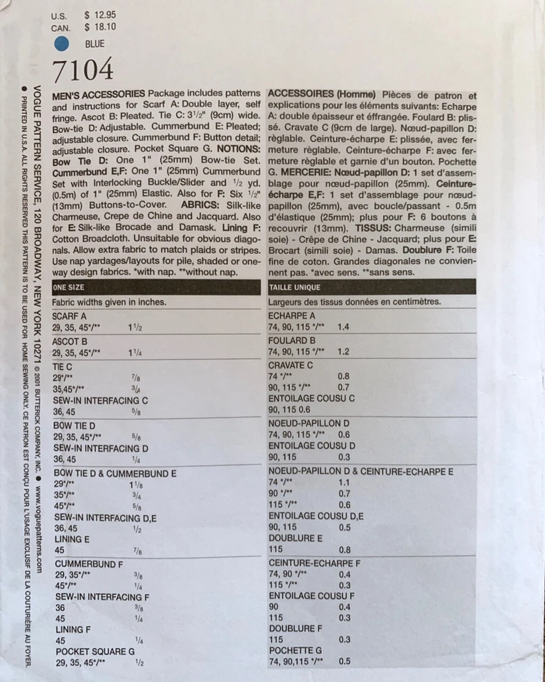 Vogue Accessories Pattern 7104 - Mens Tie, Ascot, Scarf, Cummerbund, Bow Tie etc - Image 2 of 2